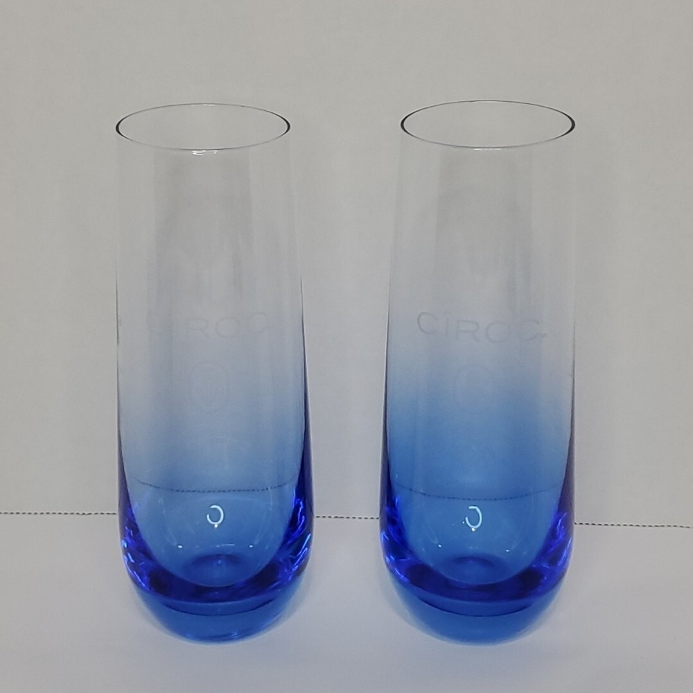 Ciroc Etched Blue Cocktail Stemless Flute Glasses ~ Set of Two Vodka Logo 6.25"
